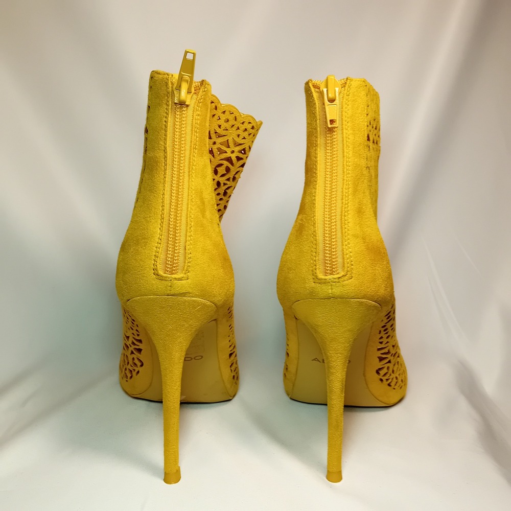 ALDO Yellow Suede Laser Cutout Peep Toe Stiletto Heel Bootie Ankle Boot 8.5 READ - Picture 4 of 16
